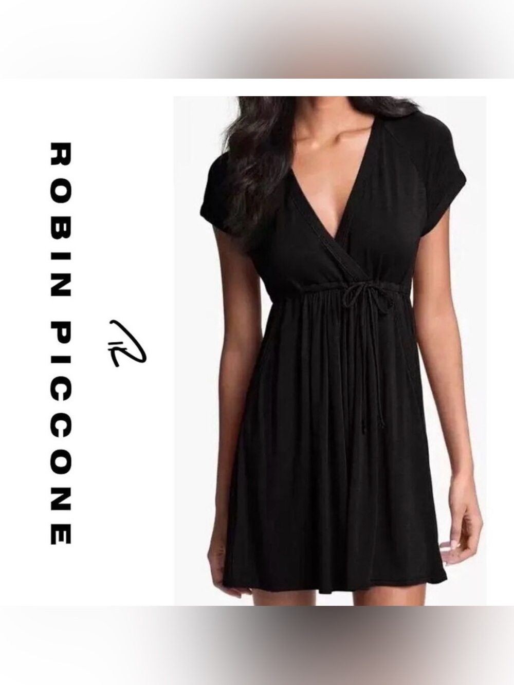 Robin Piccone Black V‑Neck Wrap Drawstring Swim Cover-Up